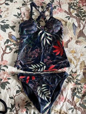 Navy Tropical Print Tankini Set with Red & Green Leaves